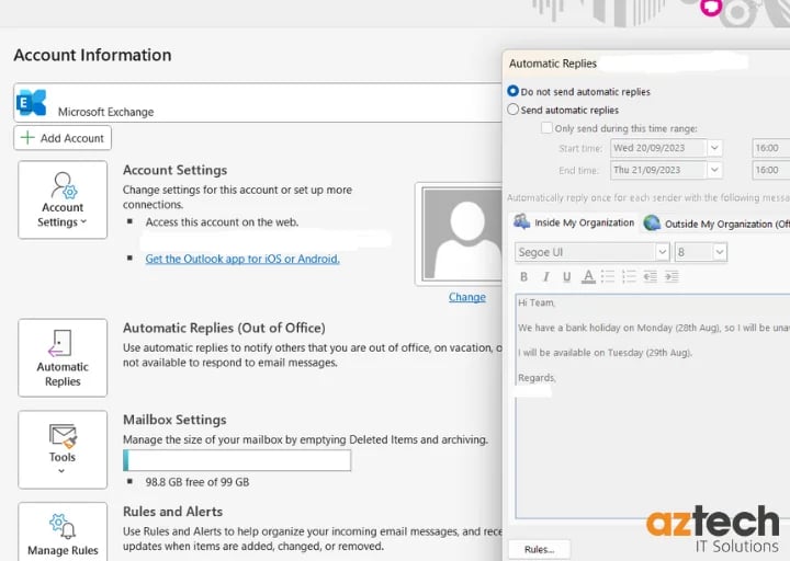 Automatic Replies for managing email overload - Example with Outlook