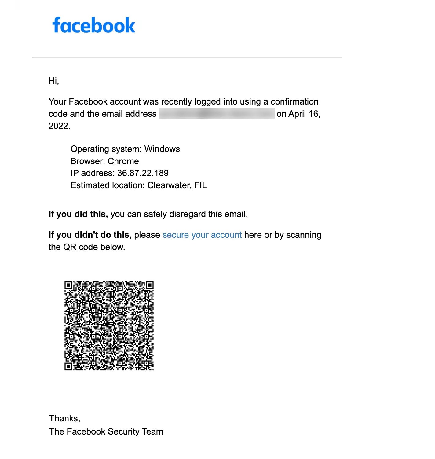 QRCode Phishing Email sent - Facebook email as an example