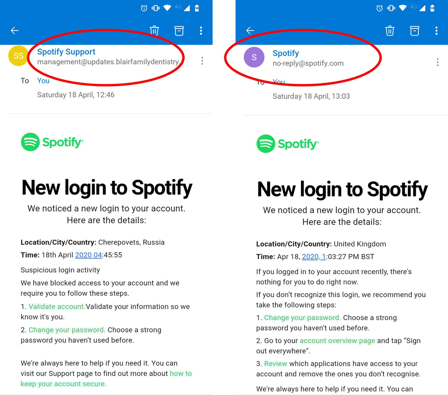 phishing email vs real email examples