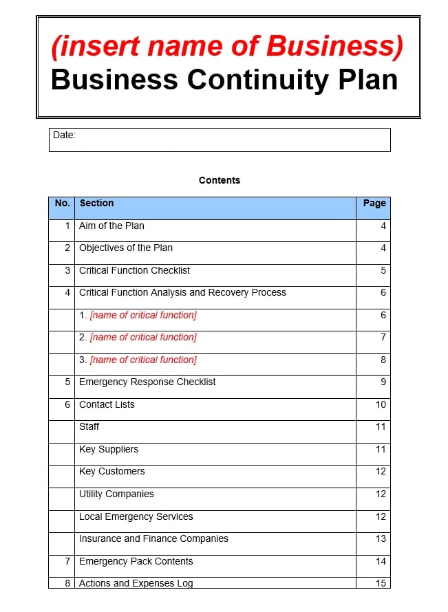 business comtinuity plan template uk