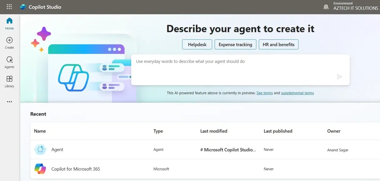 screenshot of Microsoft 365 Copilot Agent Builder interface showing drag-and-drop components and visual workflow editor with user-friendly controls