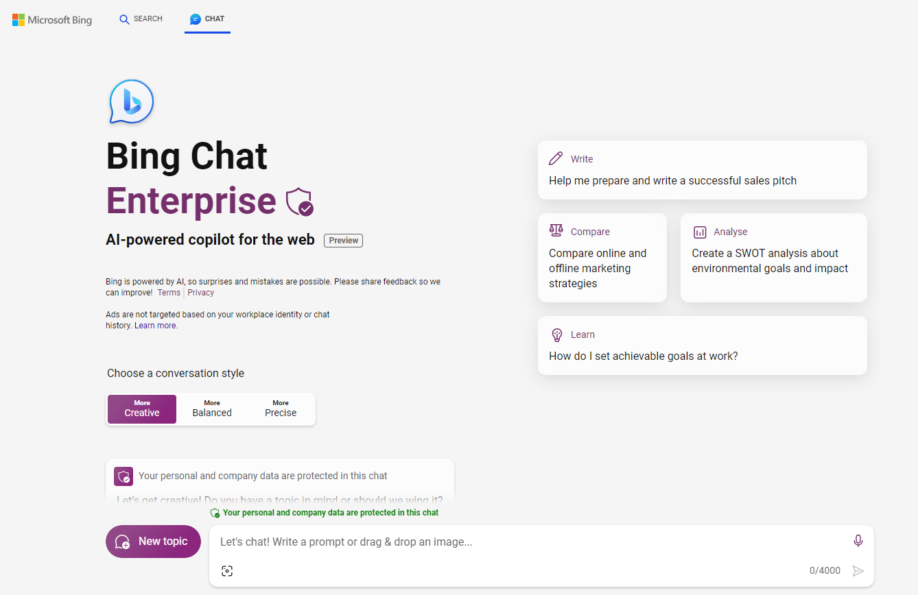 Bing Chat Enterprise screen look