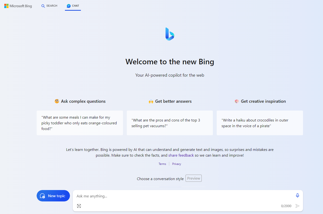 Bing Chat non-enterprise version screen look